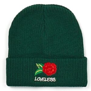 Reason Green "Loveless" Ribbed Knit Beanie with Red Rose Embroidery. NWT.